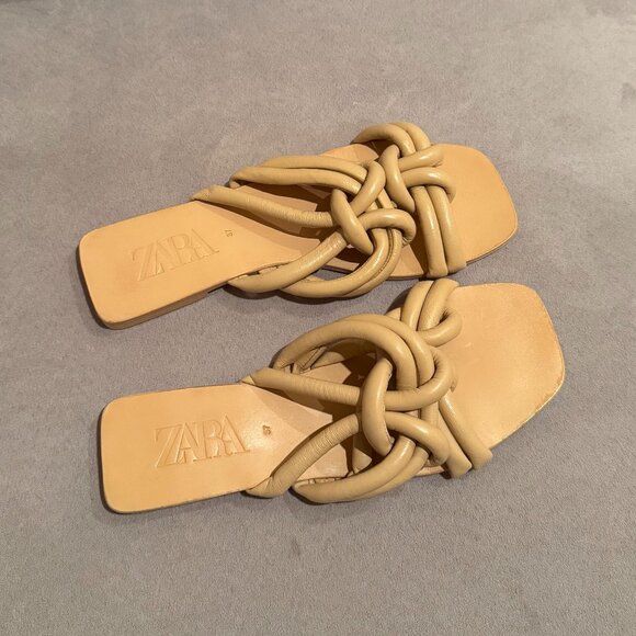 Zara Tan Leather Knot Detail Sandals Size 37 - 6.5 - Picture 2 of 4